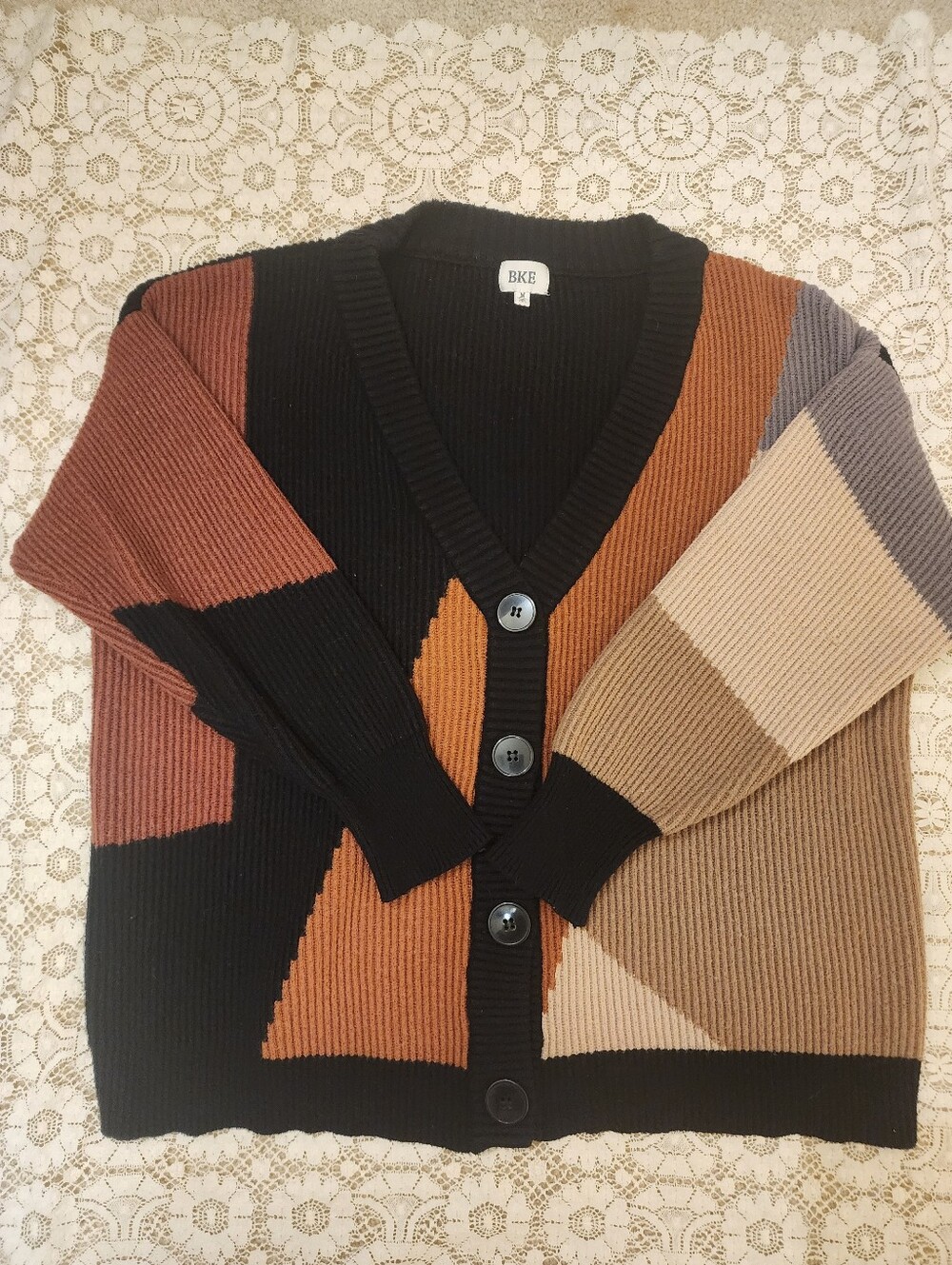 BKE Colorblock Rib-Knit Button Cardigan - Black & Rust